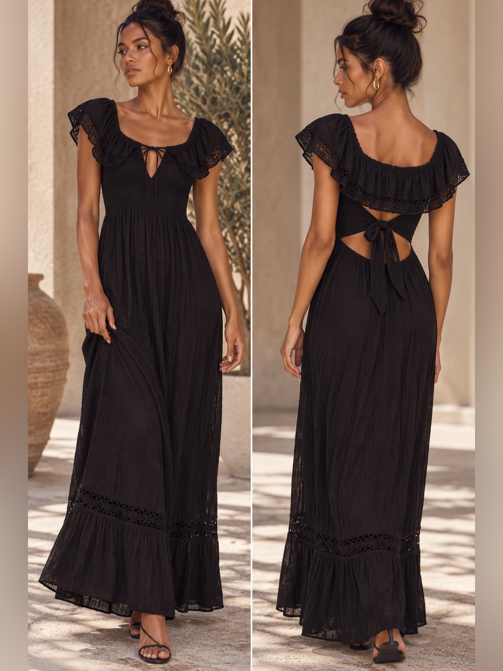 ILLA ILLA Black Boho Maxi Dress Cutout Ruched Puff Sleeve Lace Trim M